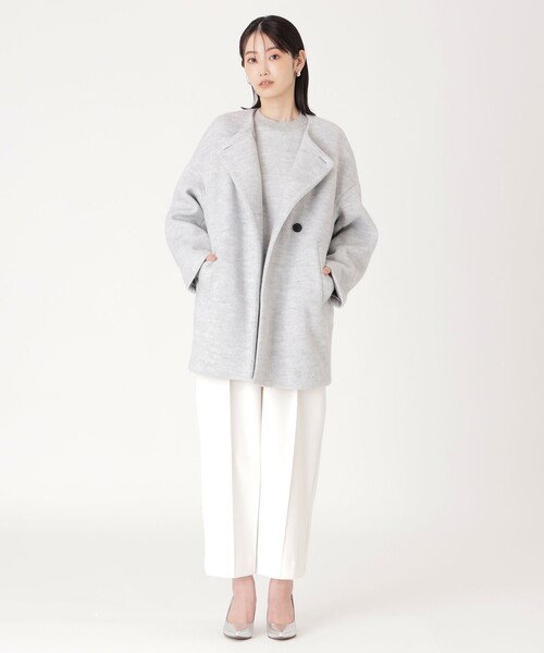 CAST:（キャストコロン）の「【イチオシ/蓄熱裏地】シャギーボンディングミドルコート（ノーカラーコート・レディース・オフホワイト/グレー・S/M）」の10枚目の写真