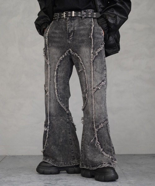 Vintage wash fringe design flare denim pants / ビンテージウォッシュフリンジデザインフレアデニムパンツ(デニムパンツ)|Shoowtime(ショウタイム)
