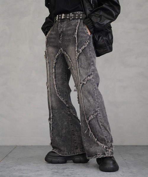 Vintage wash fringe design flare denim pants / ビンテージウォッシュフリンジデザインフレアデニムパンツ(デニムパンツ)|Shoowtime(ショウタイム) Vintage wash fringe design flare denim pants / ビンテージウォッシュフリンジデザインフレアデニムパンツ(デニムパンツ)|Shoowtime(ショウタイム)