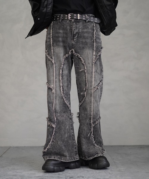 Vintage wash fringe design flare denim pants / ビンテージウォッシュフリンジデザインフレアデニムパンツ(デニムパンツ)|Shoowtime(ショウタイム) Vintage wash fringe design flare denim pants / ビンテージウォッシュフリンジデザインフレアデニムパンツ(デニムパンツ)|Shoowtime(ショウタイム)