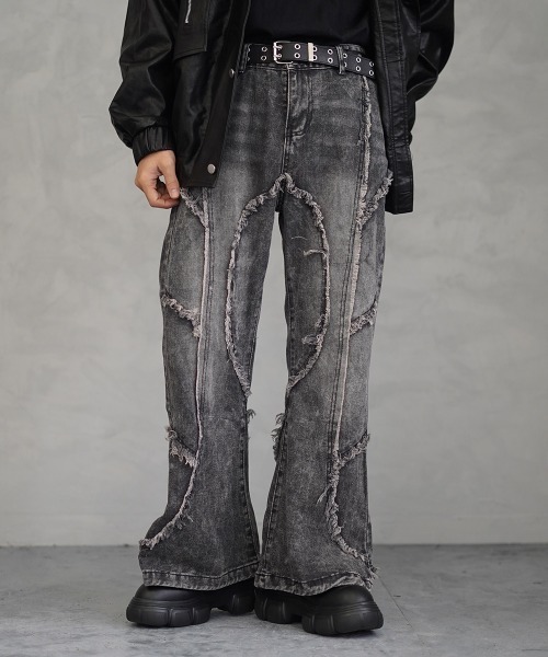 Vintage wash fringe design flare denim pants / ビンテージウォッシュフリンジデザインフレアデニムパンツ(デニムパンツ)|Shoowtime(ショウタイム) Vintage wash fringe design flare denim pants / ビンテージウォッシュフリンジデザインフレアデニムパンツ(デニムパンツ)|Shoowtime(ショウタイム)