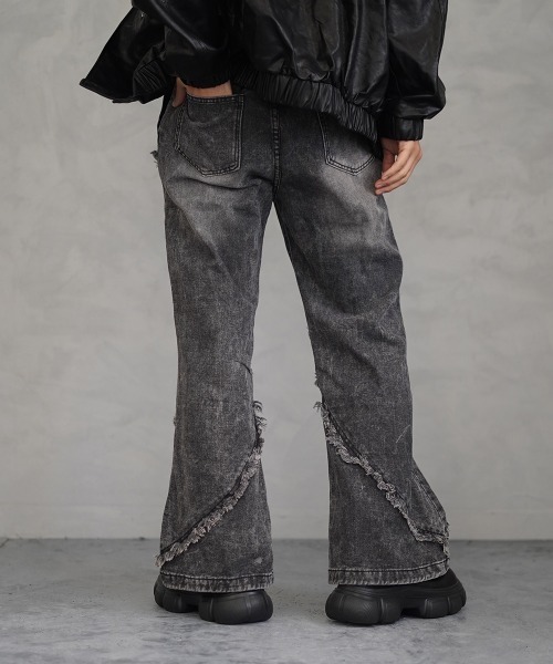 Vintage wash fringe design flare denim pants / ビンテージウォッシュフリンジデザインフレアデニムパンツ(デニムパンツ)|Shoowtime(ショウタイム) Vintage wash fringe design flare denim pants / ビンテージウォッシュフリンジデザインフレアデニムパンツ(デニムパンツ)|Shoowtime(ショウタイム)