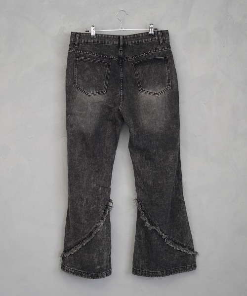 ビンテージウォッシュフリンジデザインフレアデニムパンツ ぷりん セール】Vintage wash fringe design flare denim pants