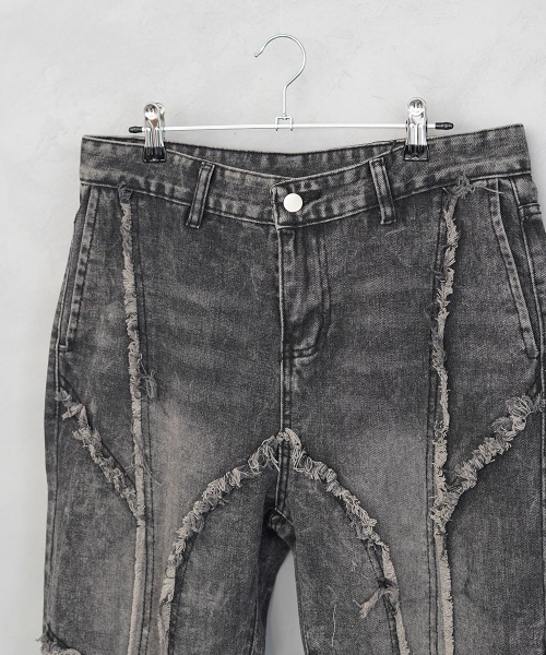 ビンテージウォッシュフリンジデザインフレアデニムパンツ ぷりん セール】Vintage wash fringe design flare denim pants