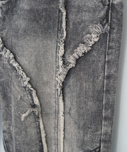 ビンテージウォッシュフリンジデザインフレアデニムパンツ ぷりん セール】Vintage wash fringe design flare denim pants