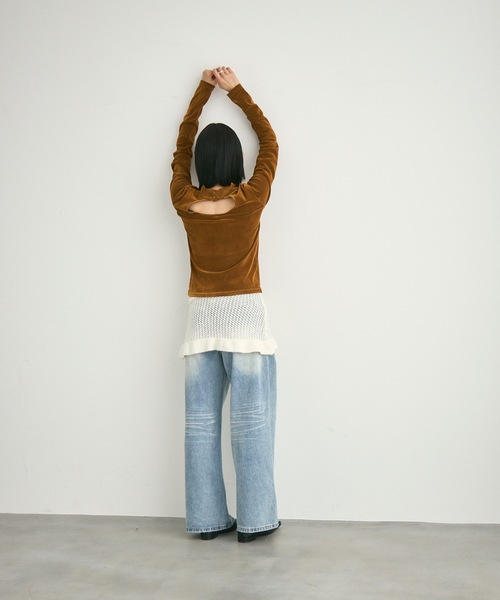 Lutim by u（ルチバイユー）の「Velour Mesh Back Drop Tops / ベロアメッシュバックドロップトップス（Tシャツ/カットソー・レディース・キャメル/ブラック/カーキ・FREE）」の18枚目の写真