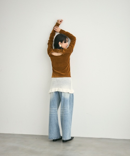 Lutim by u（ルチバイユー）の「Velour Mesh Back Drop Tops / ベロアメッシュバックドロップトップス（Tシャツ/カットソー・レディース・キャメル/ブラック/カーキ・FREE）」の19枚目の写真