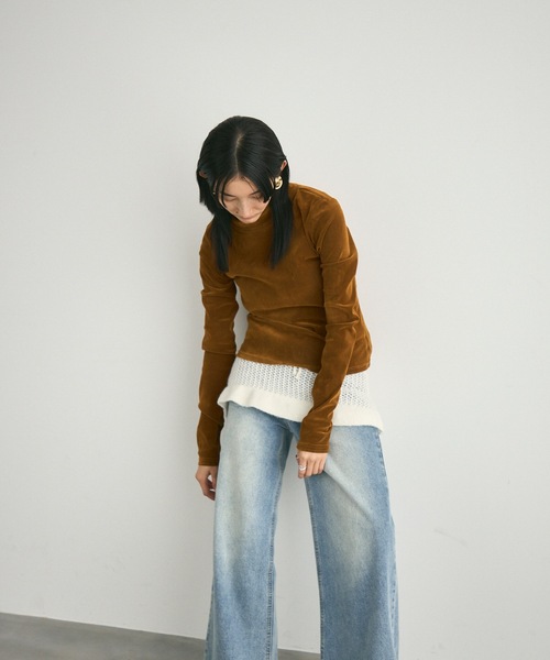 Lutim by u（ルチバイユー）の「Velour Mesh Back Drop Tops / ベロアメッシュバックドロップトップス（Tシャツ/カットソー・レディース・キャメル/ブラック/カーキ・FREE）」の22枚目の写真