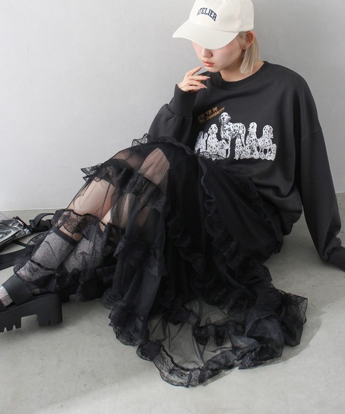 SpRay（スプレイ）の「チュールフリルティアードロングスカート（スカート・レディース・ホワイト/アイボリー/ブラック・FREE）」の3枚目の写真