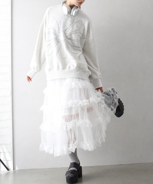 SpRay（スプレイ）の「チュールフリルティアードロングスカート（スカート・レディース・ホワイト/アイボリー/ブラック・FREE）」の14枚目の写真