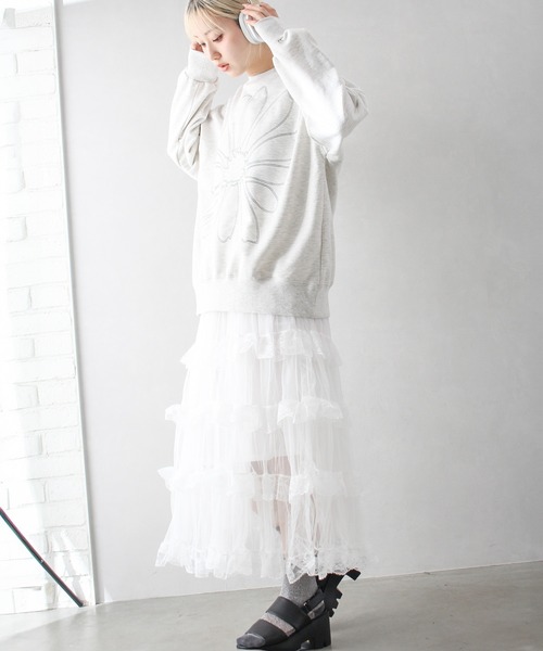 SpRay（スプレイ）の「チュールフリルティアードロングスカート（スカート・レディース・ホワイト/アイボリー/ブラック・FREE）」の16枚目の写真