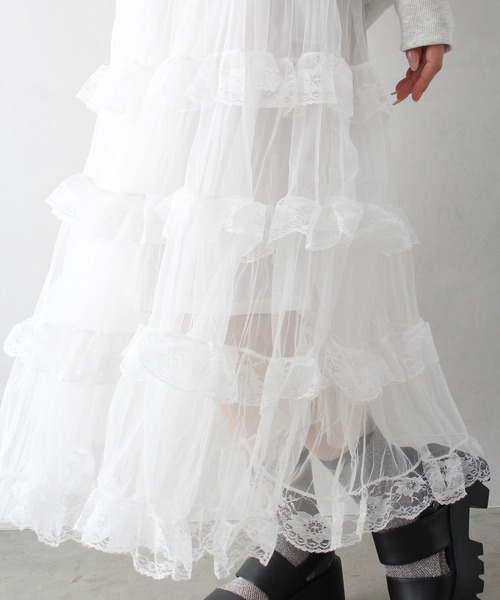 SpRay（スプレイ）の「チュールフリルティアードロングスカート（スカート・レディース・ホワイト/アイボリー/ブラック・FREE）」の19枚目の写真