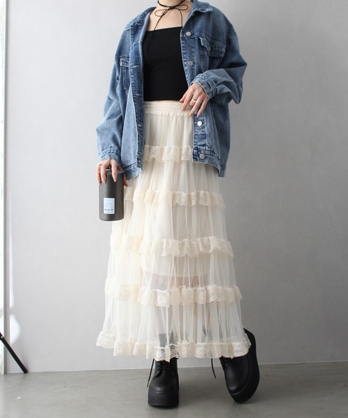 SpRay（スプレイ）の「チュールフリルティアードロングスカート（スカート・レディース・ホワイト/アイボリー/ブラック・FREE）」の22枚目の写真