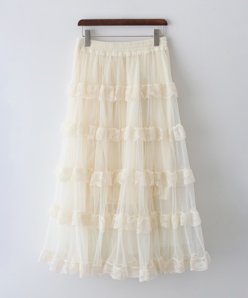 SpRay（スプレイ）の「チュールフリルティアードロングスカート（スカート・レディース・ホワイト/アイボリー/ブラック・FREE）」の10枚目の写真