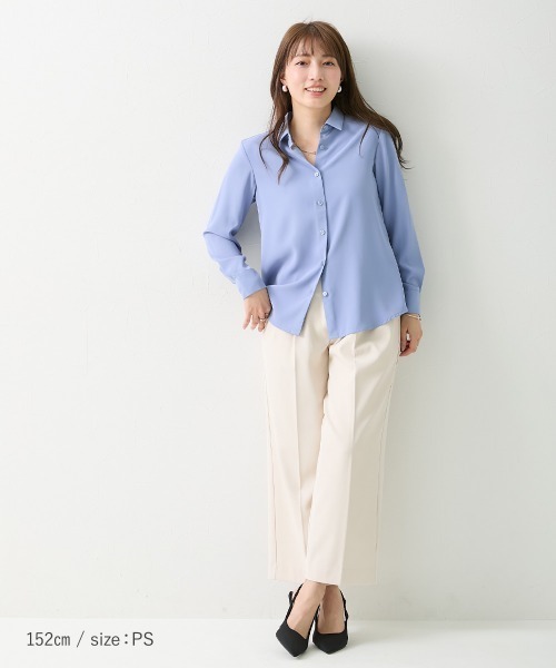 Petitjo（プッチージョ）の「小さいサイズ　とろみ生地レギュラーカラーシャツ　低身長さん・小柄女性（シャツ/ブラウス・レディース・ブルー/ホワイト・PSS/PS/PM/PL）」の7枚目の写真