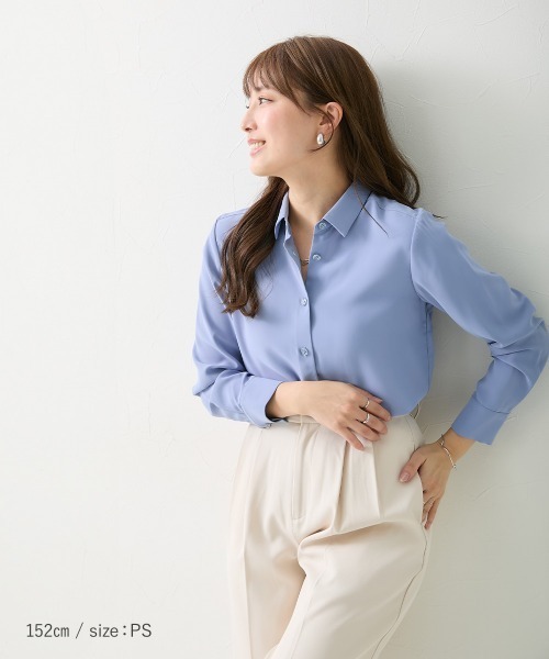 Petitjo（プッチージョ）の「小さいサイズ　とろみ生地レギュラーカラーシャツ　低身長さん・小柄女性（シャツ/ブラウス・レディース・ブルー/ホワイト・PSS/PS/PM/PL）」の8枚目の写真