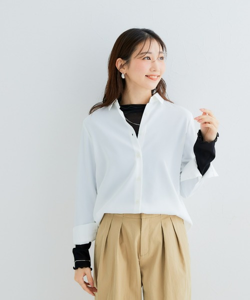 Petitjo（プッチージョ）の「小さいサイズ　とろみ生地レギュラーカラーシャツ　低身長さん・小柄女性（シャツ/ブラウス・レディース・ブルー/ホワイト・PSS/PS/PM/PL）」の4枚目の写真