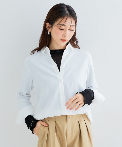 Petitjo（プッチージョ）の「小さいサイズ　とろみ生地レギュラーカラーシャツ　低身長さん・小柄女性（シャツ/ブラウス・レディース・ブルー/ホワイト・PSS/PS/PM/PL）」の3枚目の写真