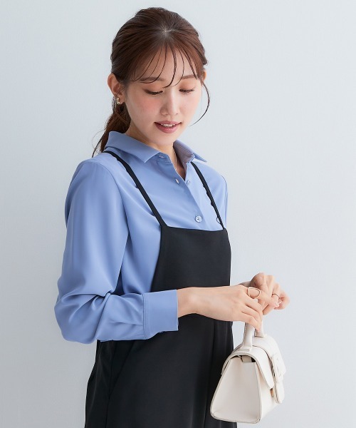 Petitjo（プッチージョ）の「小さいサイズ　とろみ生地レギュラーカラーシャツ　低身長さん・小柄女性（シャツ/ブラウス・レディース・ブルー/ホワイト・PSS/PS/PM/PL）」の14枚目の写真