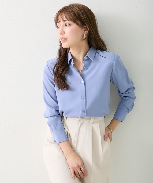 Petitjo（プッチージョ）の「小さいサイズ　とろみ生地レギュラーカラーシャツ　低身長さん・小柄女性（シャツ/ブラウス・レディース・ブルー/ホワイト・PSS/PS/PM/PL）」の16枚目の写真