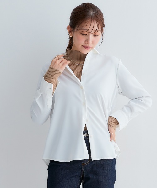 Petitjo（プッチージョ）の「小さいサイズ　とろみ生地レギュラーカラーシャツ　低身長さん・小柄女性（シャツ/ブラウス・レディース・ブルー/ホワイト・PSS/PS/PM/PL）」の11枚目の写真