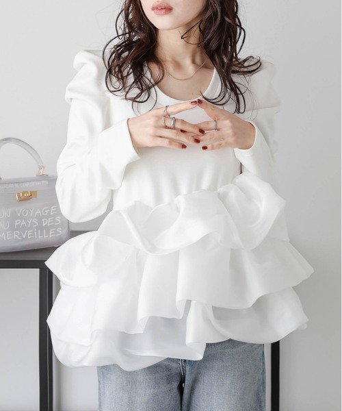 ちゃみ32TRUBEフリル付きバルーンP(NV)・（BK) セール】バルーンフリルドッキングトップス（Tシャツ/カットソー