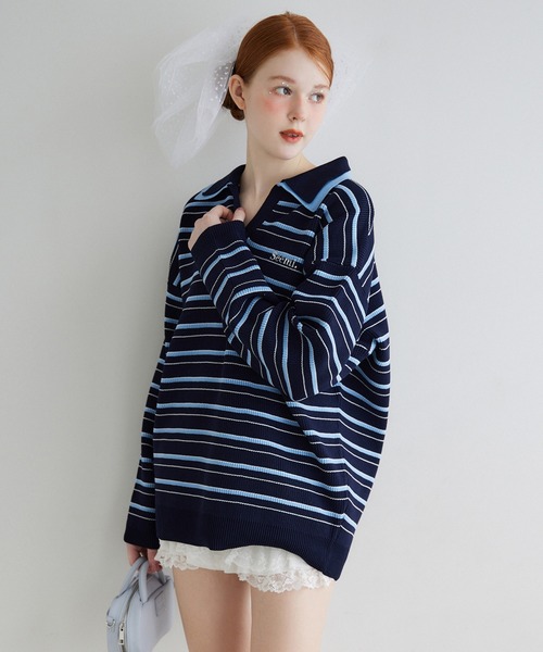 Seemi. byNICECLAUP（ シーミーバイナイスクラップ）の「【Seemi.】ラガーニット（ニット/セーター・レディース・アイボリー/ネイビー系/ピンク系・FREE）」の13枚目の写真