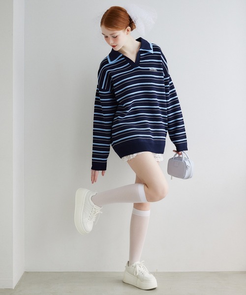 Seemi. byNICECLAUP（ シーミーバイナイスクラップ）の「【Seemi.】ラガーニット（ニット/セーター・レディース・アイボリー/ネイビー系/ピンク系・FREE）」の12枚目の写真