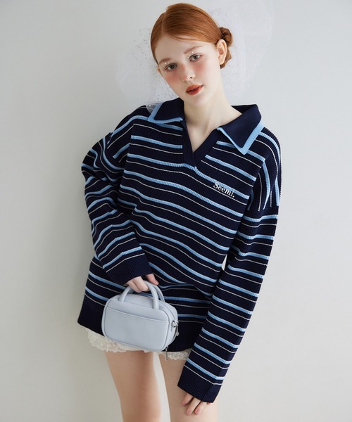 Seemi. byNICECLAUP（ シーミーバイナイスクラップ）の「【Seemi.】ラガーニット（ニット/セーター・レディース・アイボリー/ネイビー系/ピンク系・FREE）」の14枚目の写真