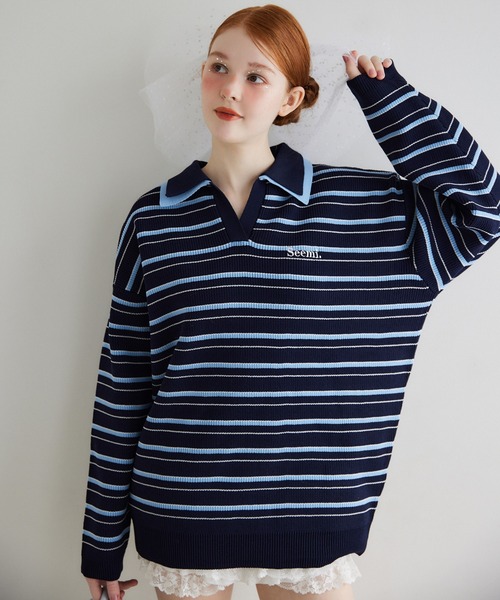 Seemi. byNICECLAUP（ シーミーバイナイスクラップ）の「【Seemi.】ラガーニット（ニット/セーター・レディース・アイボリー/ネイビー系/ピンク系・FREE）」の15枚目の写真