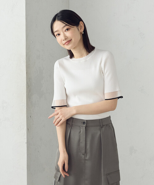 COMME CA ISM（コムサイズム）の「袖口シアーリブニット（ニット/セーター・レディース・ブラック/グリーン/ホワイト・LARGE/MEDIUM）」の6枚目の写真