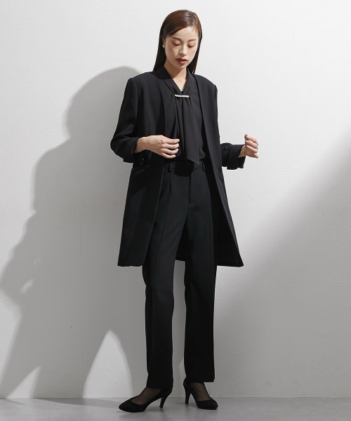 袱紗も入るポケット付き｜喪服・礼服｜洗える｜防しわ（イージーケア）｜ストレッチ｜ノーカラージャケット｜3点セット｜ジャケット｜ブラウス｜パンツ｜フロントファスナー｜〔Callarus〕