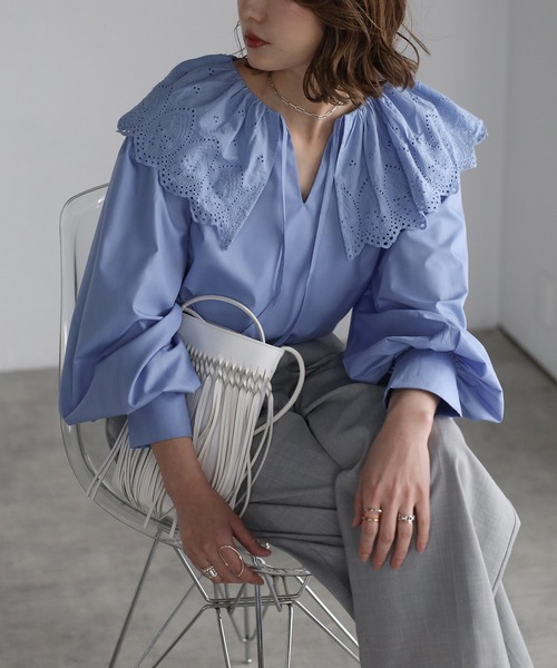 セール】レースカラーボリュームスリーブカフスブラウス（シャツ