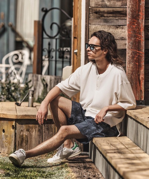 mt9657-Border Dobby Jacquard Henley Neck Cut sew Tシャツ（Tシャツ