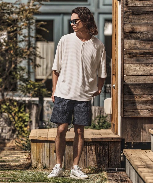 mt9657-Border Dobby Jacquard Henley Neck Cut sew Tシャツ（Tシャツ