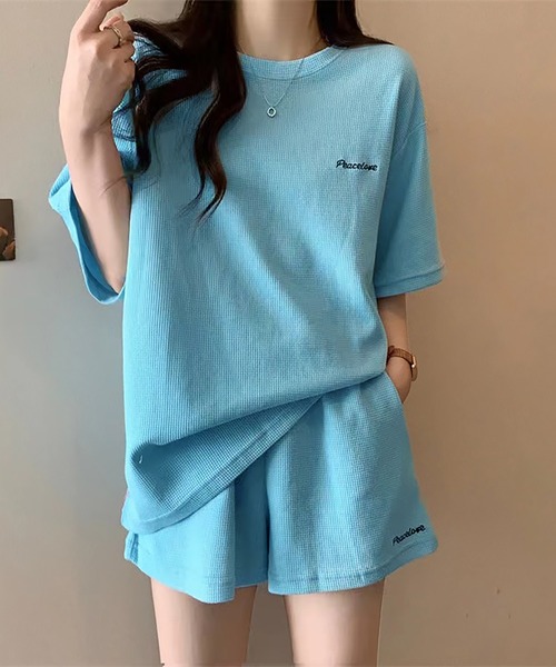 LAFFMO（ラフモ）の「ワンポイント刺繍Tシャツ＆ショートパンツ 上下セット（スウェット・レディース・ベージュ/ダークグレー/ブルー・L/M）」の20枚目の写真