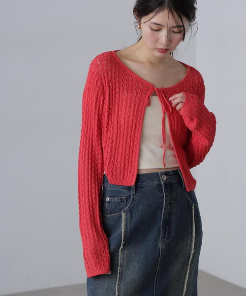 FREE'S MART（フリーズマート）の「◆透かし編みリボンボレロ（カーディガン/ボレロ・レディース・ブラック/ホワイト/レッド/ライトグリーン・FREE）」の4枚目の写真