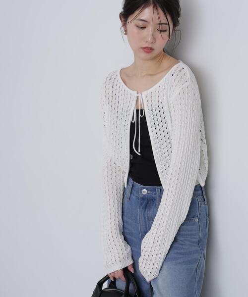 FREE'S MART（フリーズマート）の「◆透かし編みリボンボレロ（カーディガン/ボレロ・レディース・ブラック/ホワイト/レッド/ライトグリーン・FREE）」の2枚目の写真