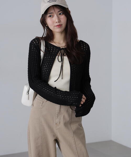 FREE'S MART（フリーズマート）の「◆透かし編みリボンボレロ（カーディガン/ボレロ・レディース・ブラック/ホワイト/レッド/ライトグリーン・FREE）」の3枚目の写真