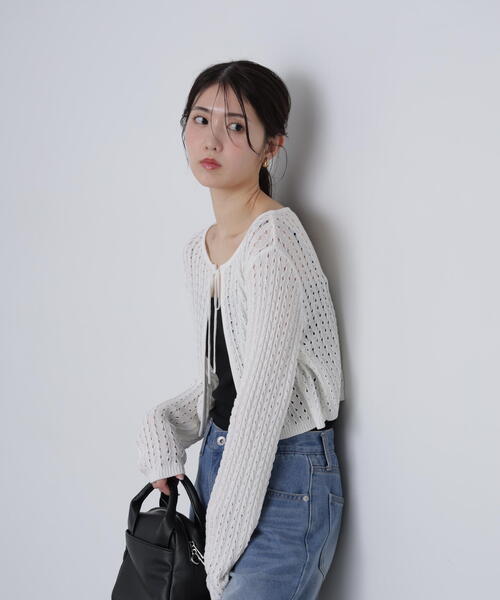 FREE'S MART（フリーズマート）の「◆透かし編みリボンボレロ（カーディガン/ボレロ・レディース・ブラック/ホワイト/レッド/ライトグリーン・FREE）」の15枚目の写真