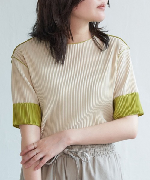 セール】プリーツ袖配色トップス（Tシャツ/カットソー
