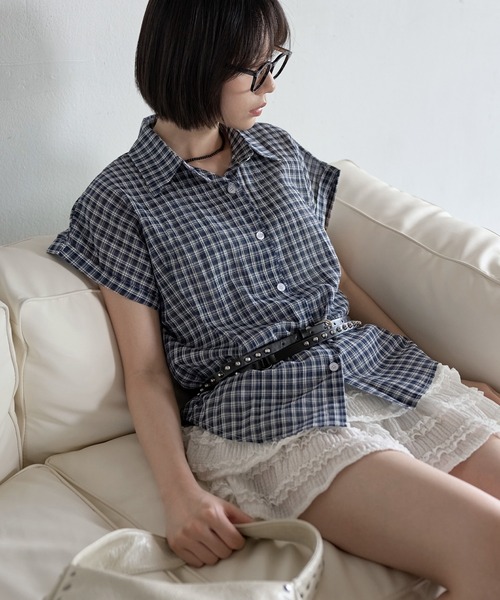 シアーシースルーロールアップビンテージチェックシャツ