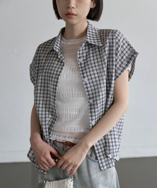 シアーシースルーロールアップビンテージチェックシャツ