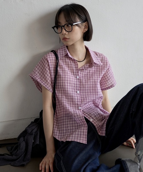 シアーシースルーロールアップビンテージチェックシャツ