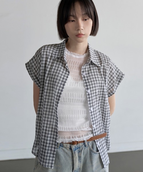 シアーシースルーロールアップビンテージチェックシャツ