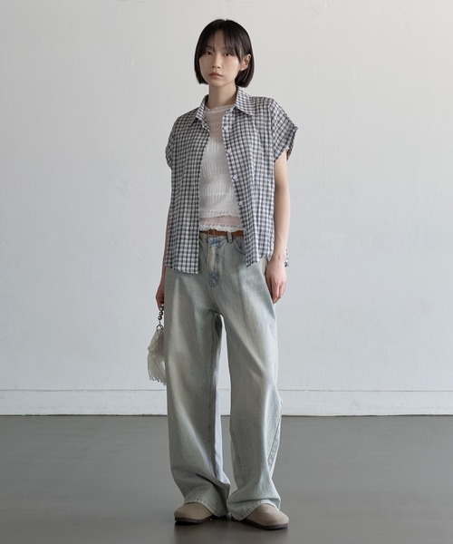 シアーシースルーロールアップビンテージチェックシャツ