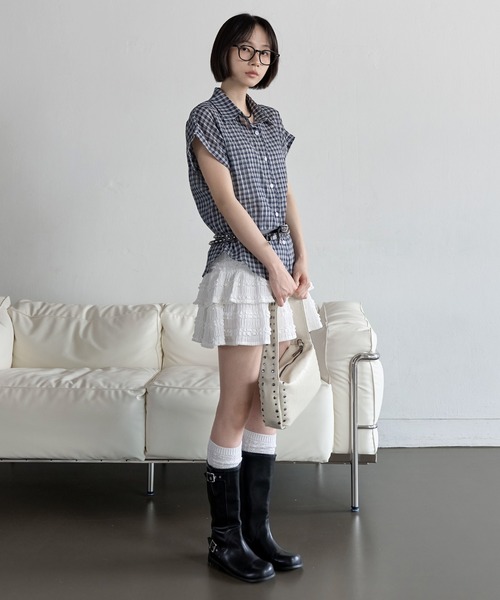 シアーシースルーロールアップビンテージチェックシャツ