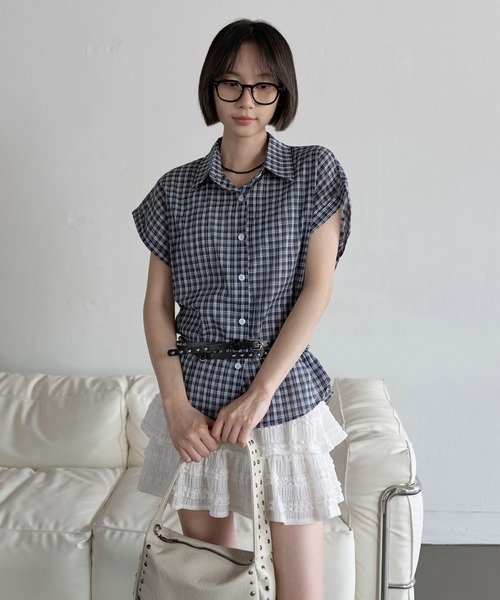 シアーシースルーロールアップビンテージチェックシャツ
