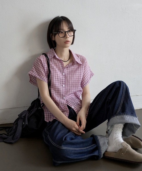 シアーシースルーロールアップビンテージチェックシャツ