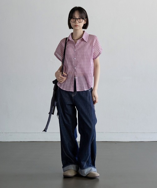 シアーシースルーロールアップビンテージチェックシャツ